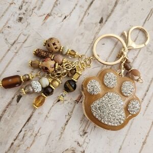 Paw Print Purse Charm or Keychain Rhinestone Glass Jasper Stone Wood Handcrafted